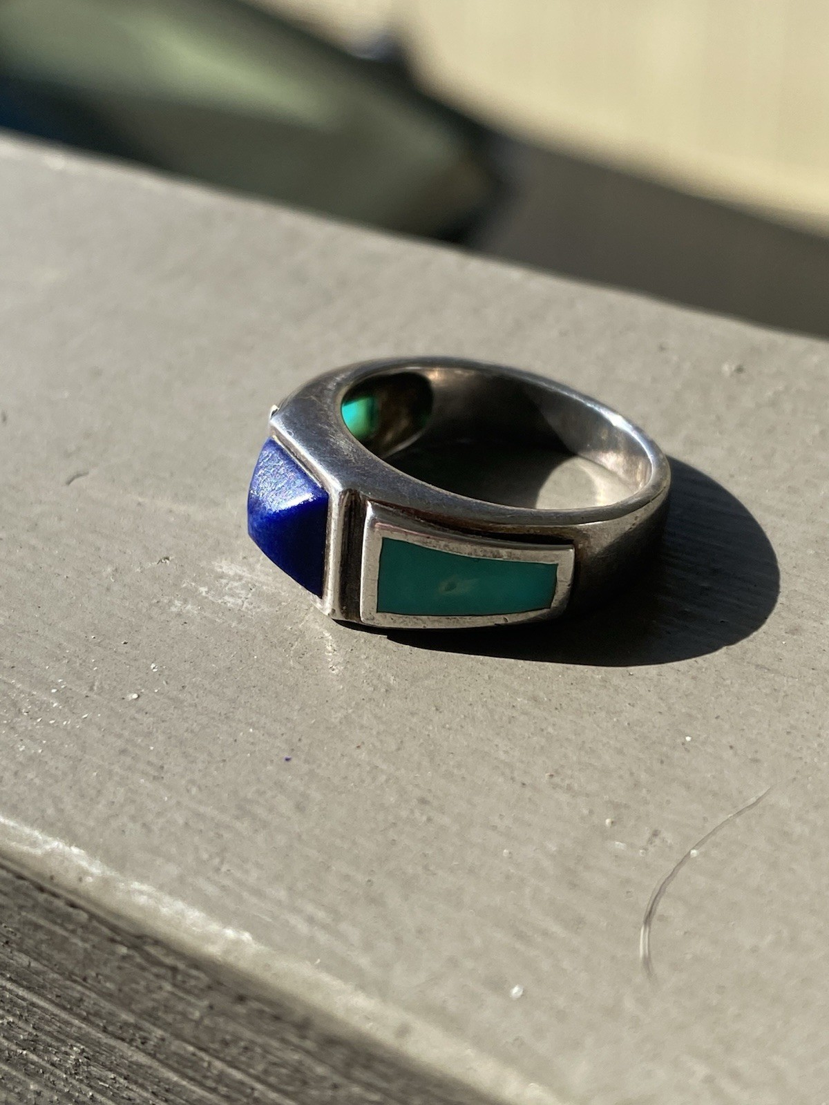 Sterling Silver Turquoise And Lapis Inlay Ring/Southwestern Navajo Style 5.7 gr