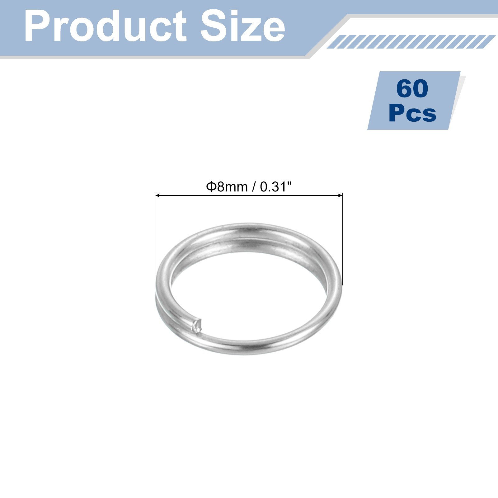 60Pcs 8mm Double Loops Split Rings, Small Round Jump Ring Connector, Silver
