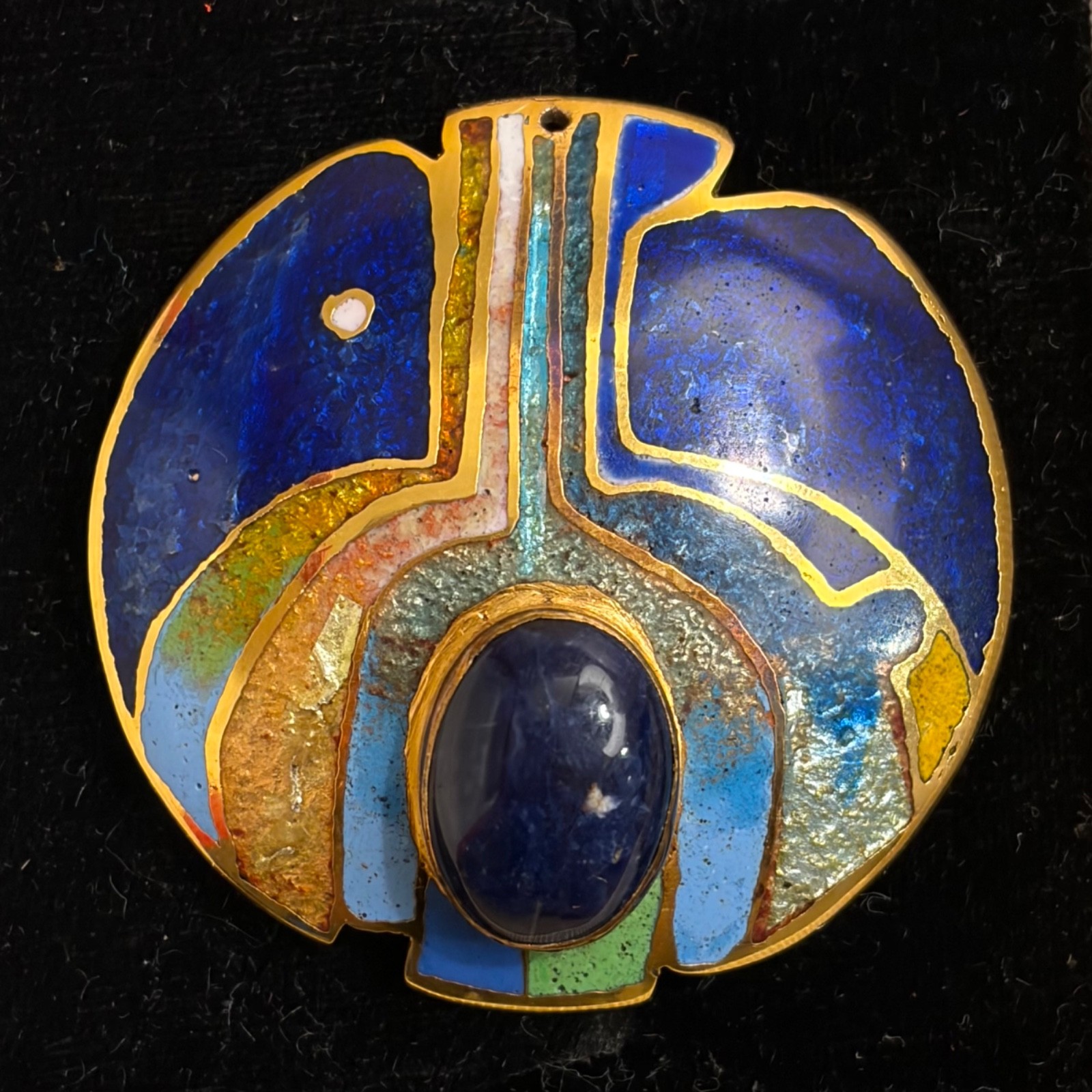 Vintage David Kuo Champleve Enamel Signed Abstract Modernist Oval Pendant