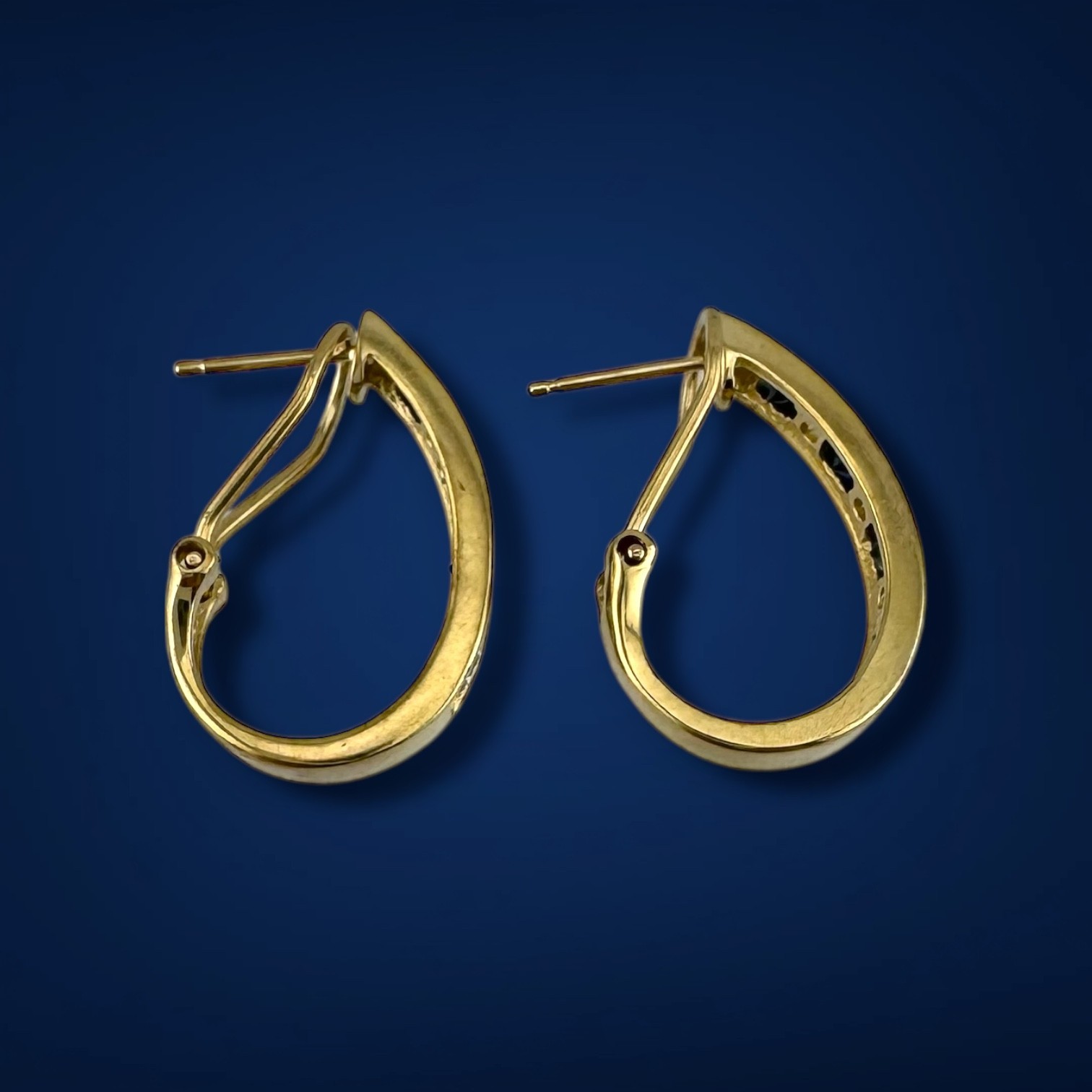 Vintage 1990s 14k Gold Blue Sapphire and Diamond Hoop Omega Back Earrings