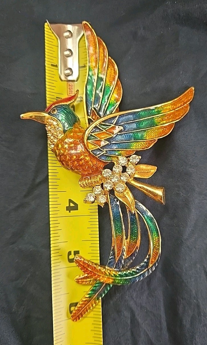 Vintage D’orlan Boucher 6″ Enamel Phoenix Bird Brooch Multicolored, Clear Crysta