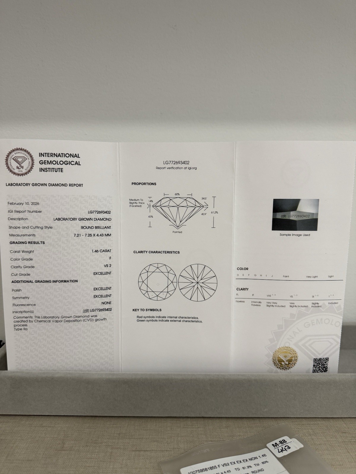IGI Certified Lab Grown Round Diamond 1.46ctw F VS2 Excellent Cut 7.25×7.21×4.43