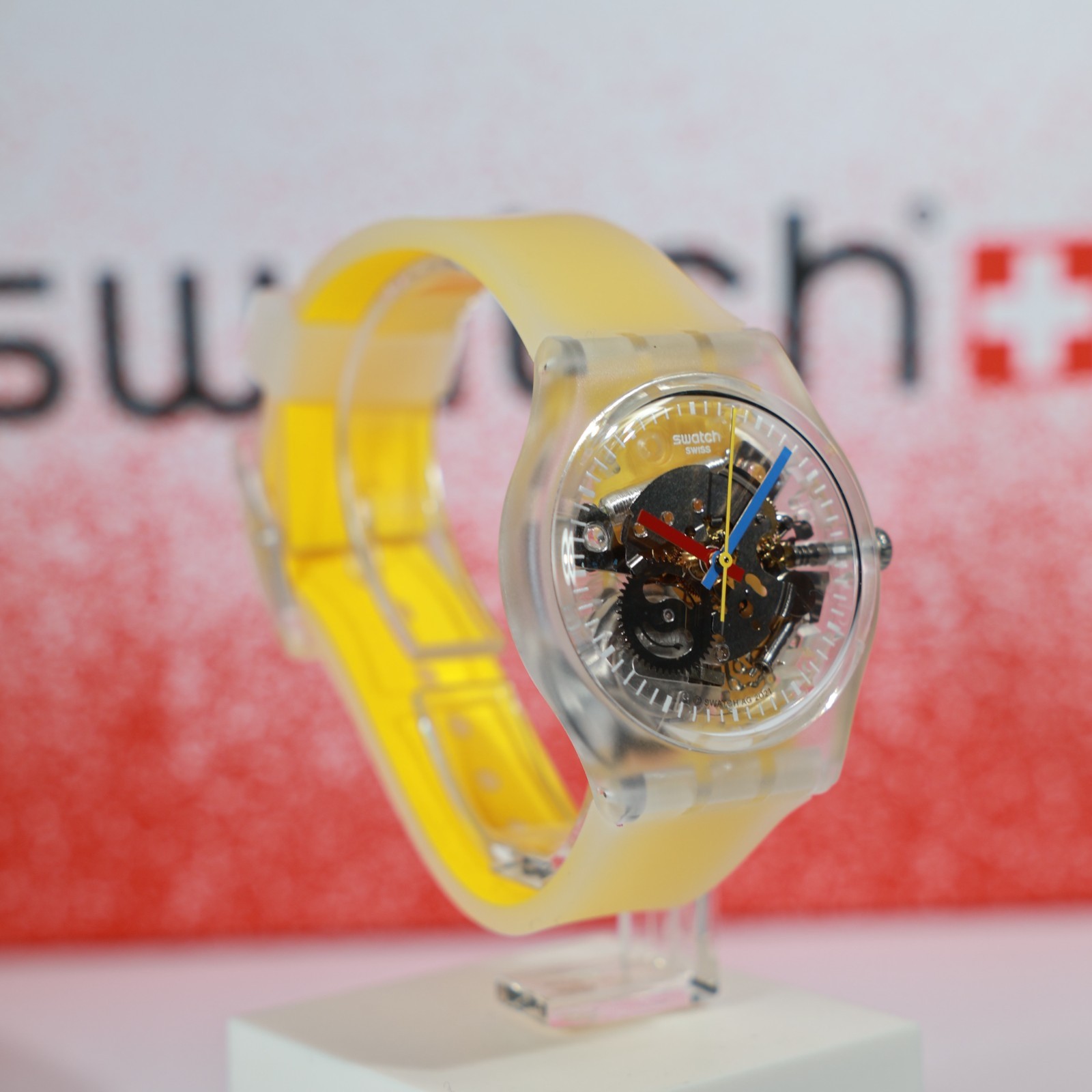 New Limited Swiss Made SWATCH GE291 Clearly Yellow Striped 34MM Transparent