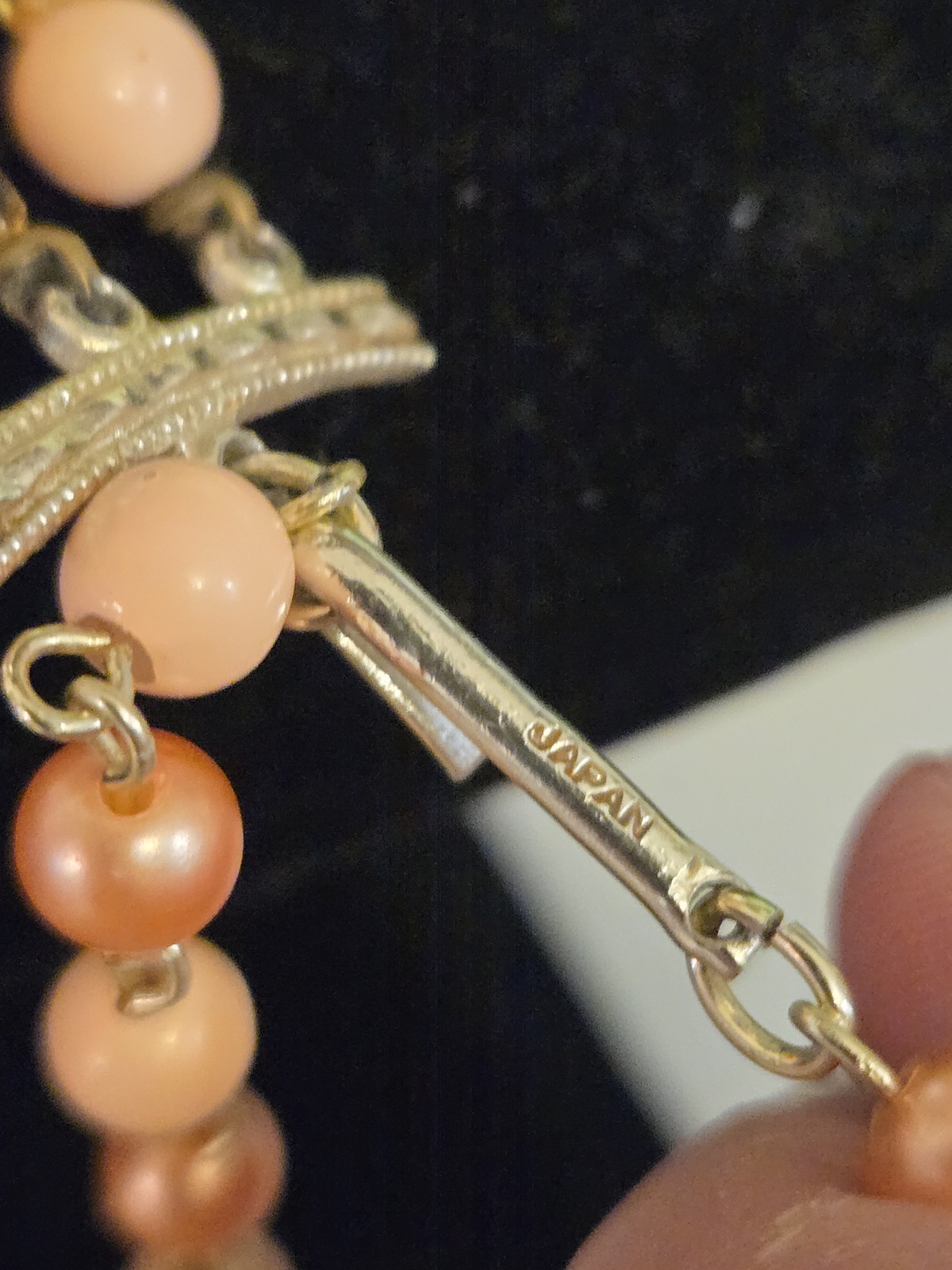 Vintage Japan Triple Strand Bead Necklace with Gold Tone Peach & Cream 19 In