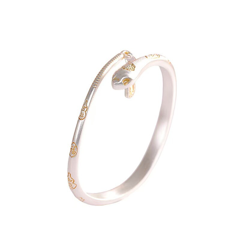 Pure S999 Fine Silver Bracelet Enamel 5mm Snake Open Bangle 34-35g Dia:56mm