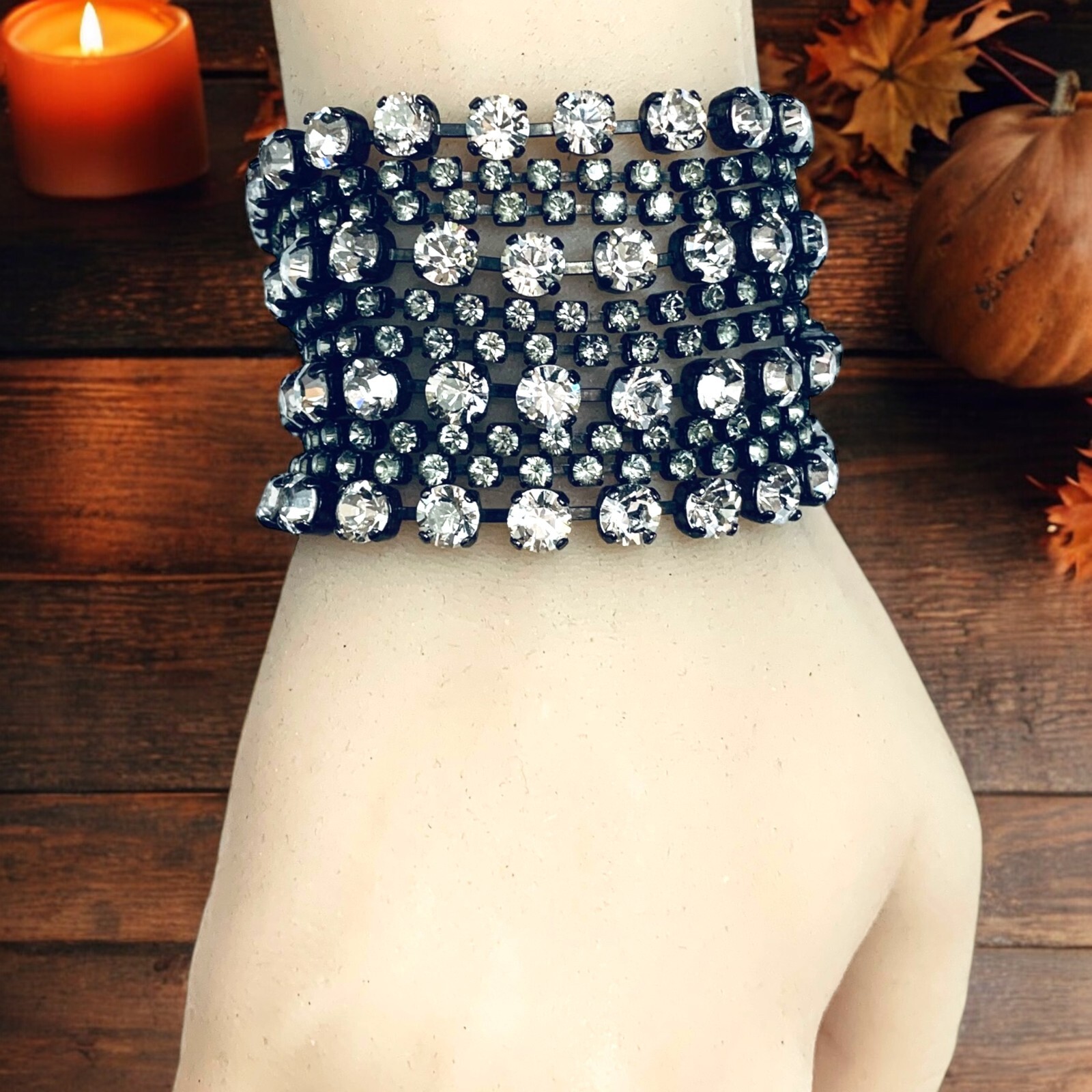Vintage Wide Rhinestone Chain Bar Connected Bracelet