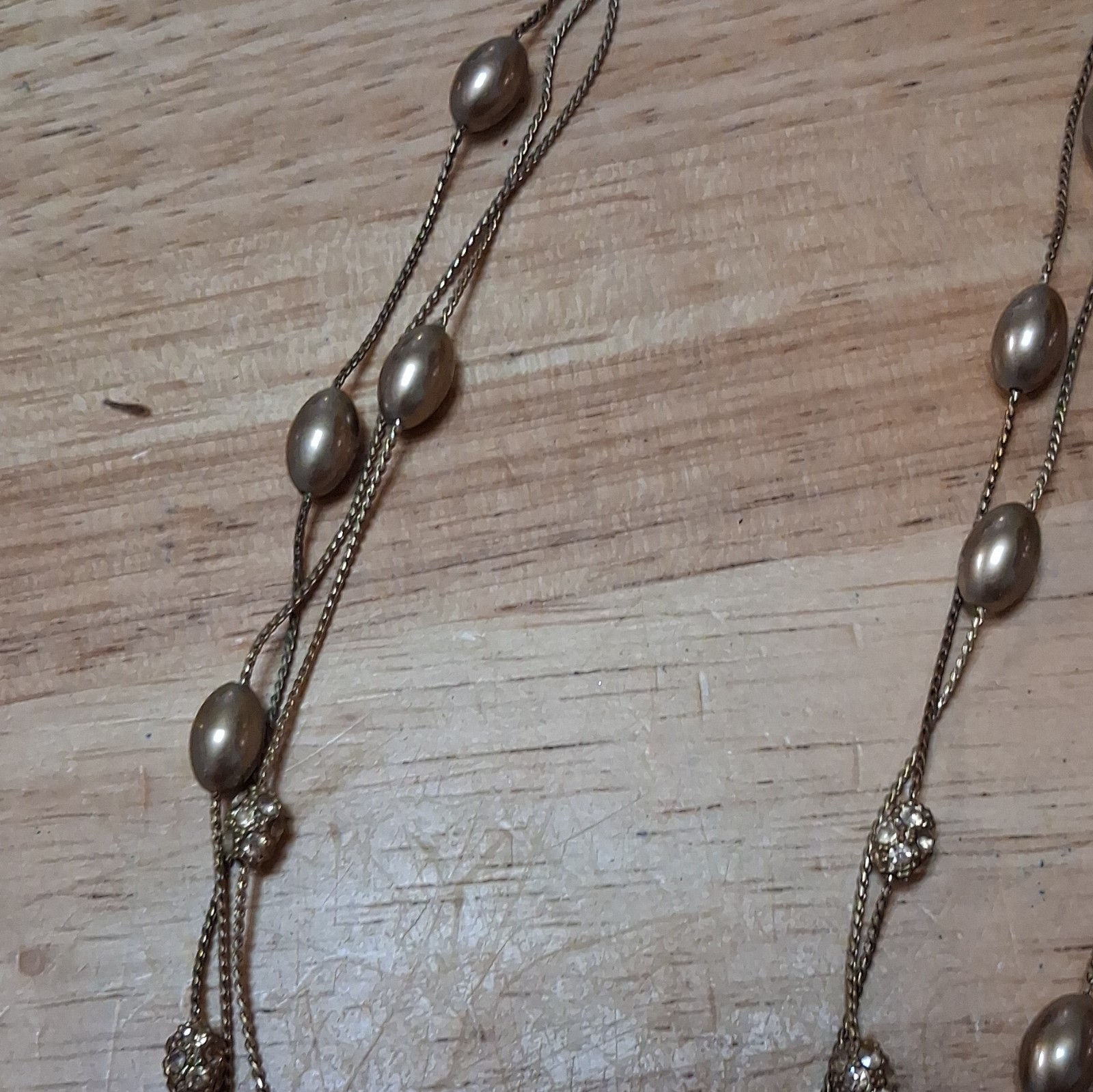 Monet Signed Gold Tone Layered Cable Chain Necklace Oval Pearl Crystal