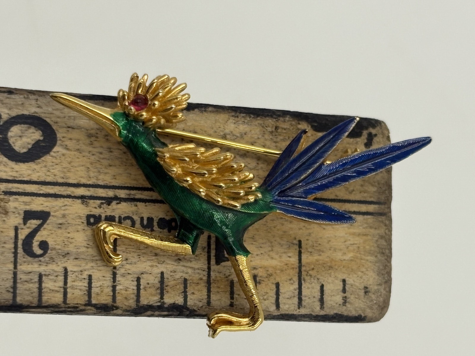 Vintage Signed Boucher Roadrunner Brooch Green Blue Enamel Red Eye Gold Tone