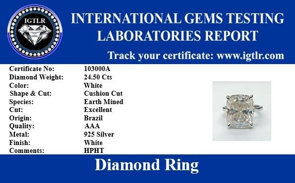 RARE 24.50 Ct Certified Treated Gorgeous White Diamond Ring In 925 Silver