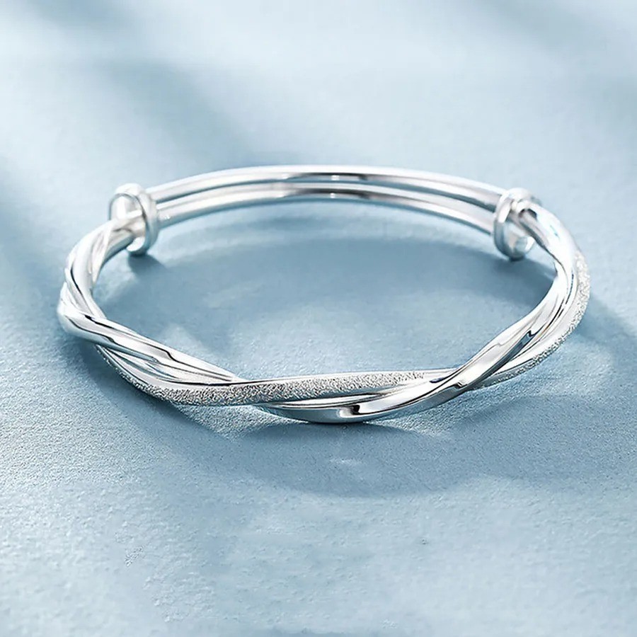 925 Sterling Silver Weave Bracelet Adjustable Bangle Women Wedding Jewelry