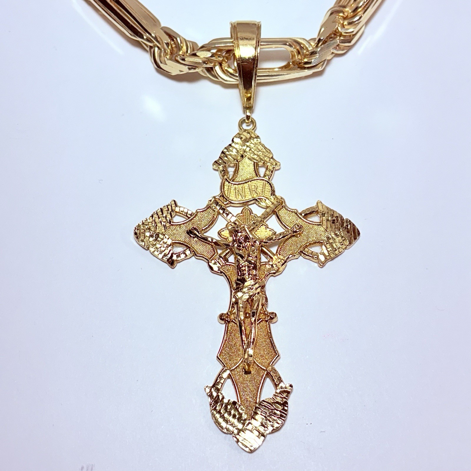 Italy Sterling Vermeil Cross Pendant 14mm 30″ Milano Figarope Necklace 396g
