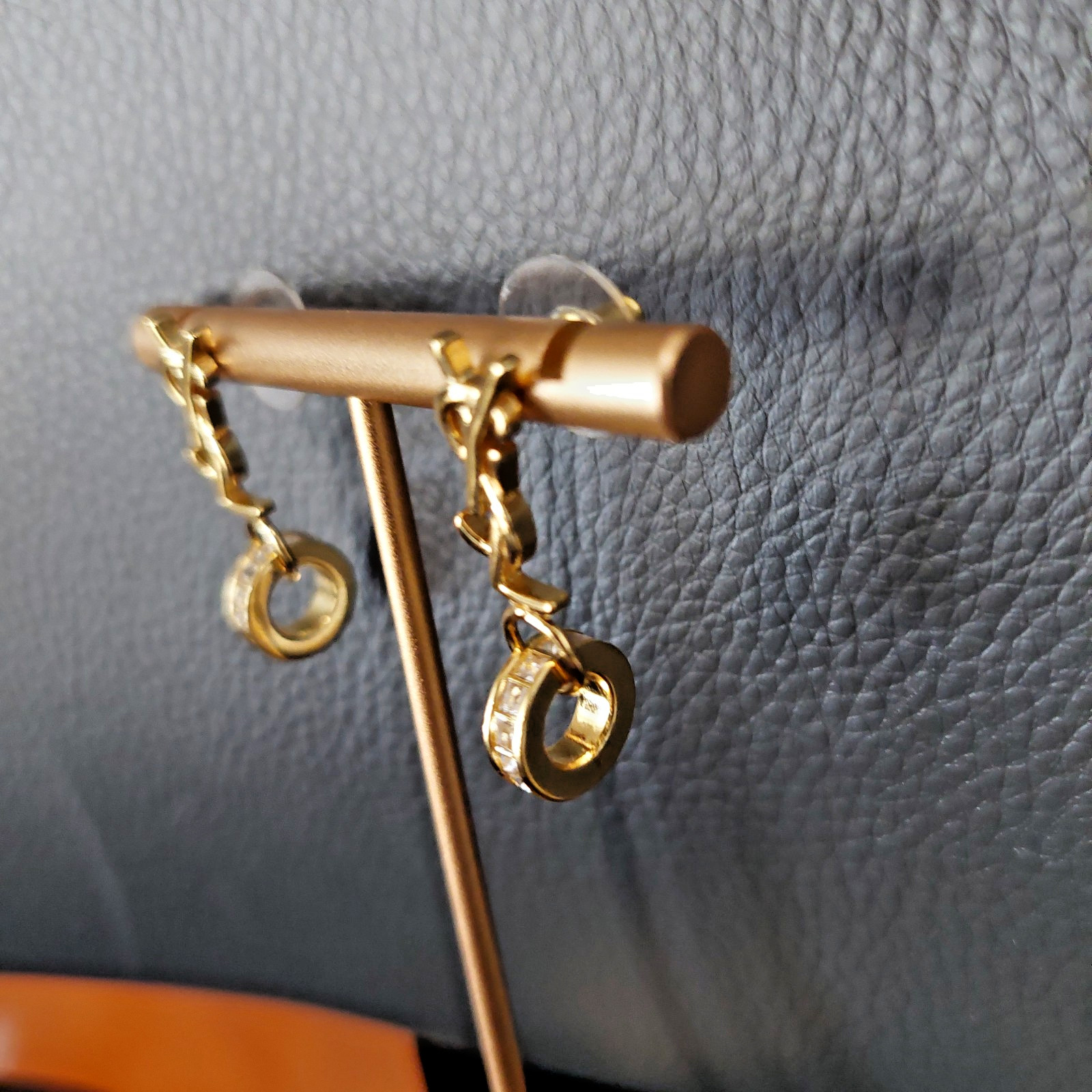 Auth. YVES SAINT LAURENT YSL LOGO Stud CRYSTAL Ring Drop EARRINGS Gold Tone