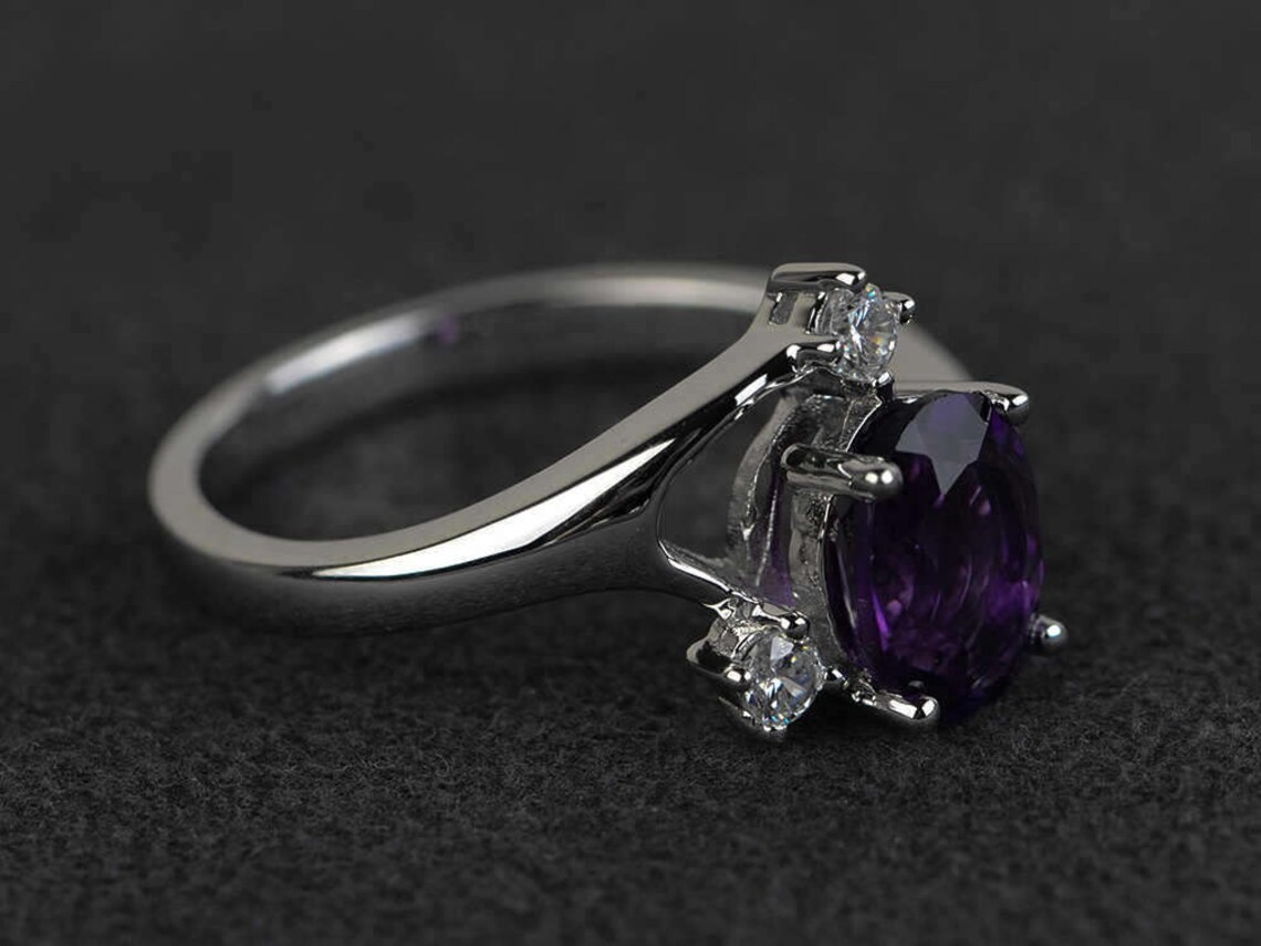 2CT Oval Amethyst Gemstone 925 Silver Plated Dainty Unique Ring Duty Free