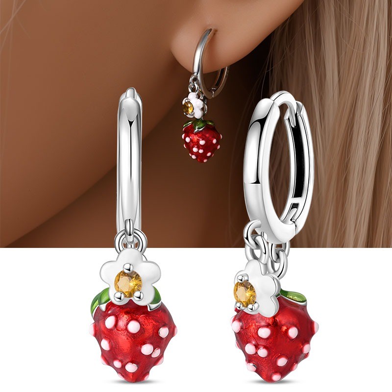 PANDACH 925 Sterling Silver Sweet Strawberry Dangle Earrings Girls Birthday Gift