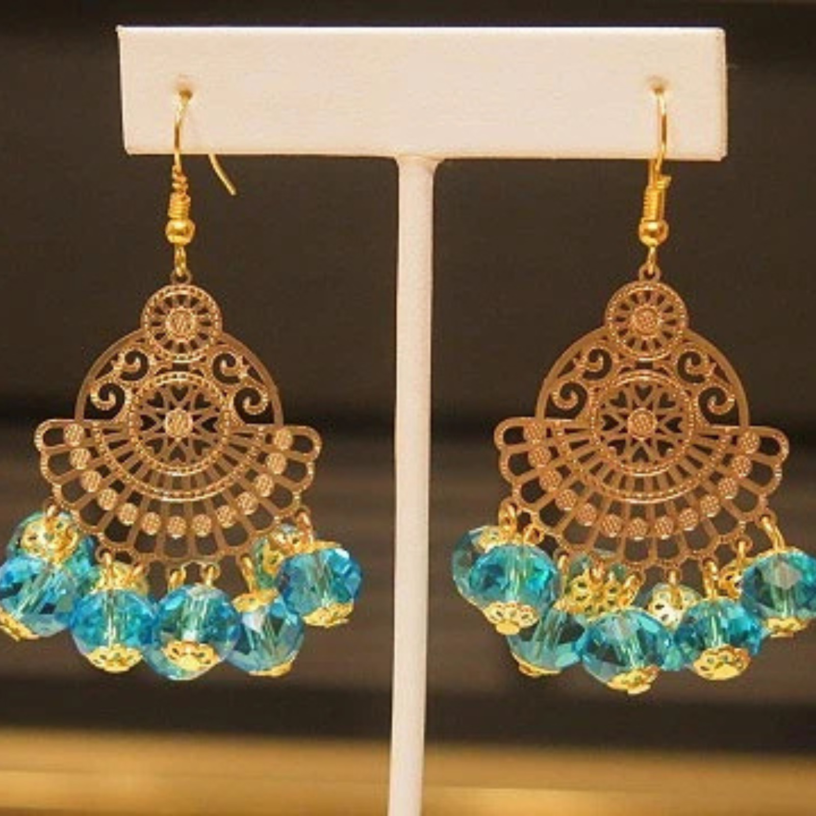 Handmade Aqua Blue Filigree Statement Dangle Earrings Gold Tone Boho Women
