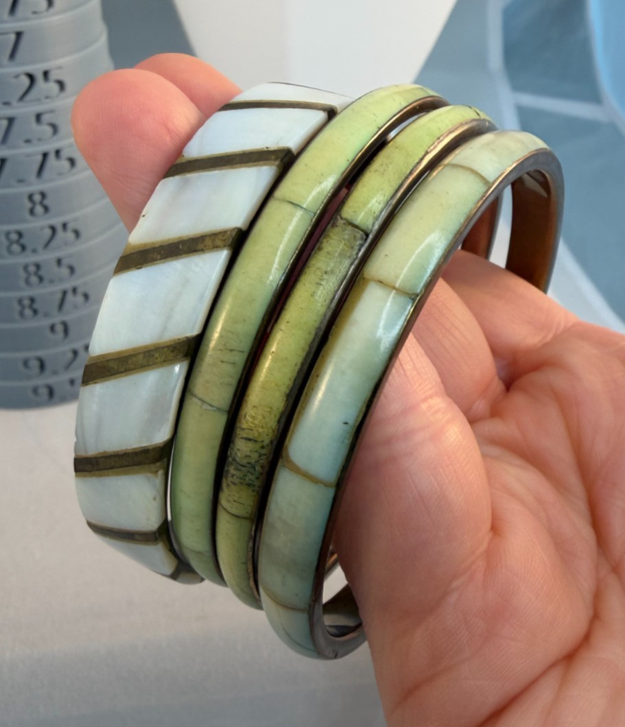 Vintage 1970s Brass Bangle Stack Mother of Pearl Dyed Bovine Inlay Boho Green