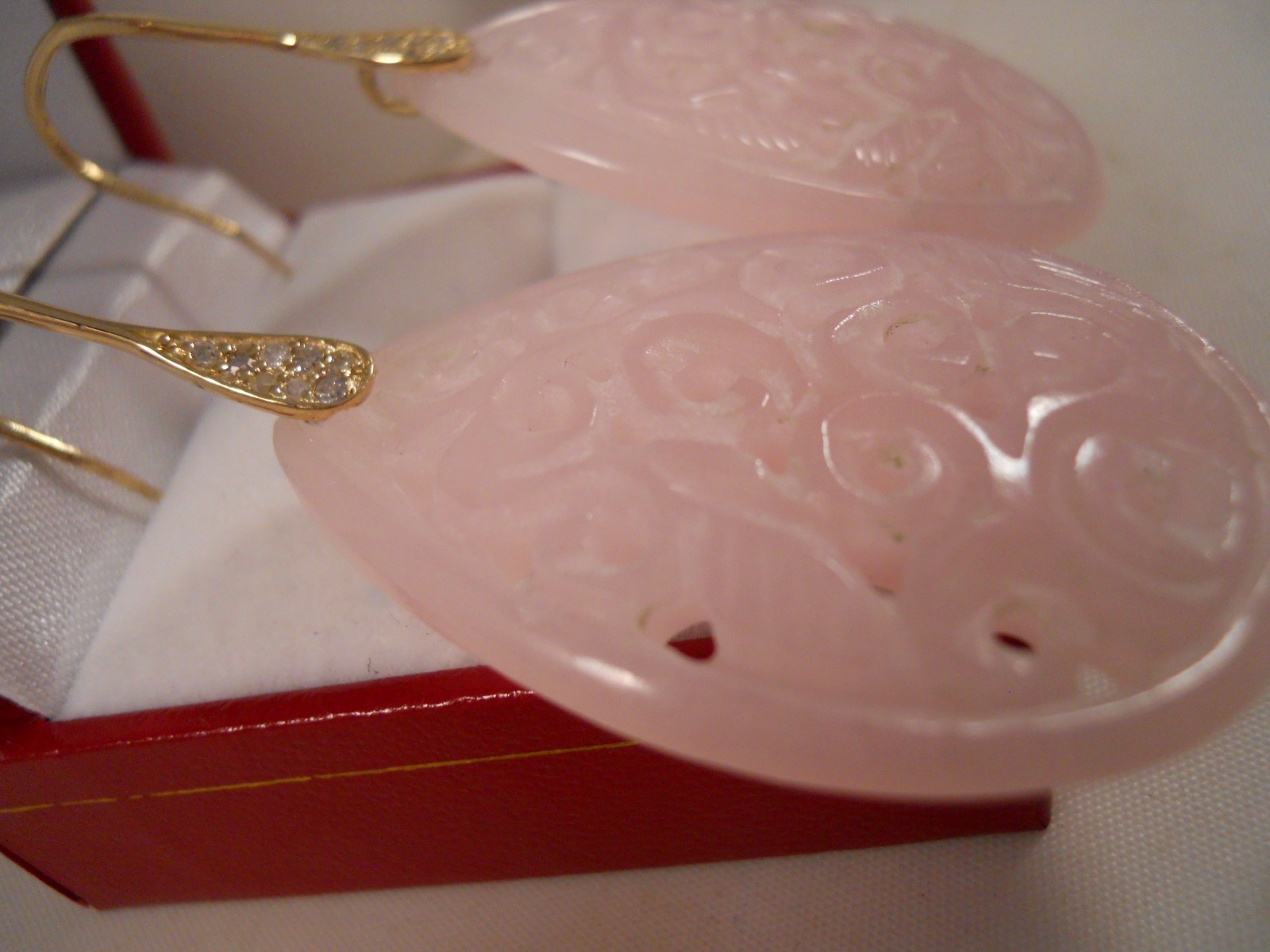HEAVY 15.67G 10K YELLOW GOLD 66.10CT PINK QUARTZ DIAMOND CARVED FLOWER EARRINGS
