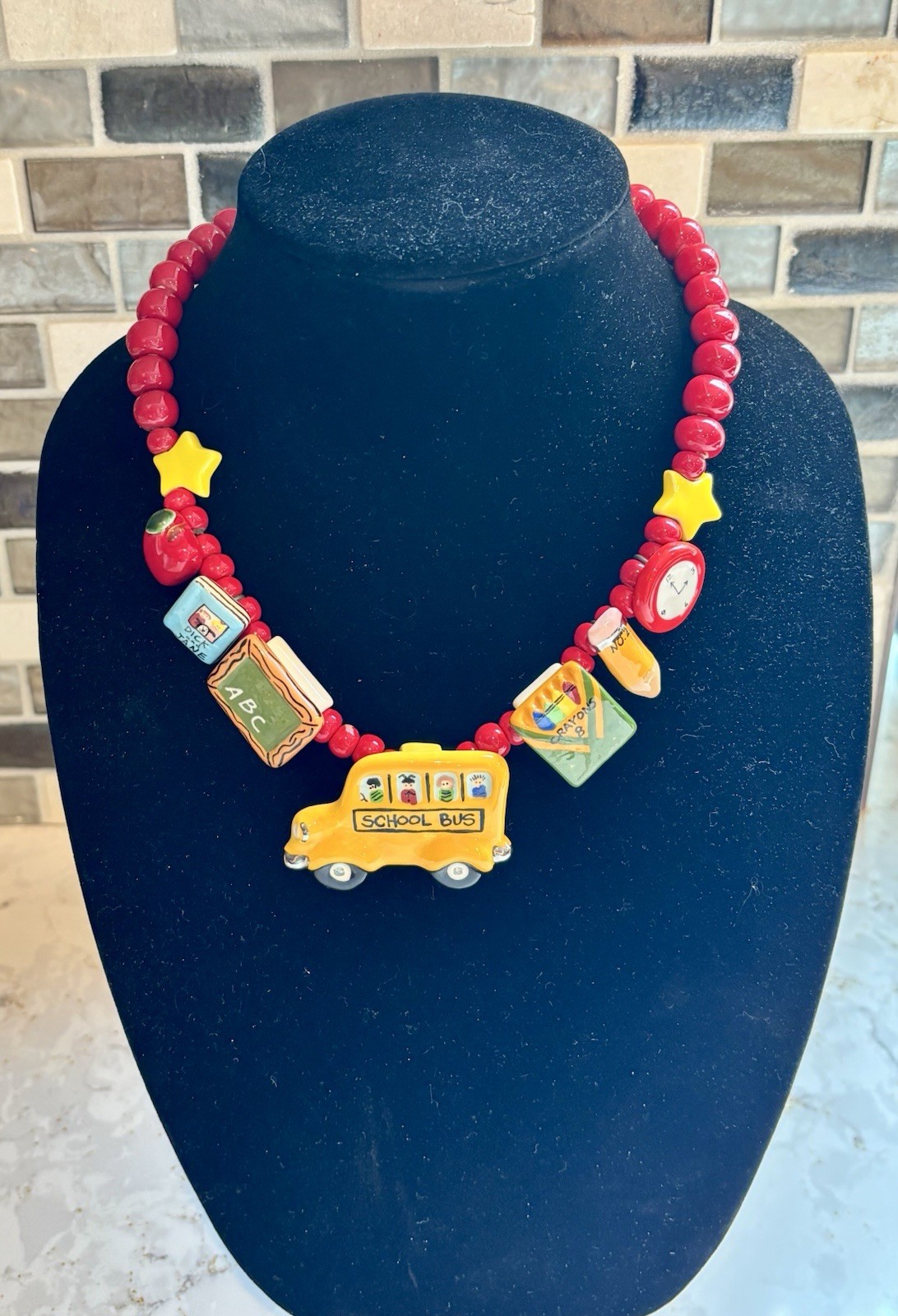 Vintage Flying Colors Ceramic School Bus Teacher Necklace Dick Jane 1980s