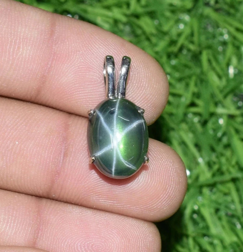 13.90 Ct+ Natural Oval 6 Rays Star Green Sapphire Gem Sterling Silver Pendant
