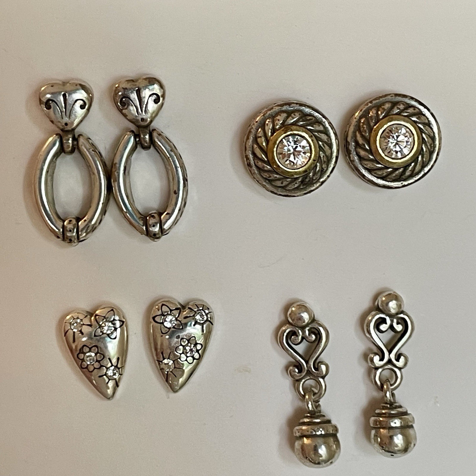 Lot of 4 Brighton Earrings Post Silver Tone Heart Dangle Crystal Door Knocker