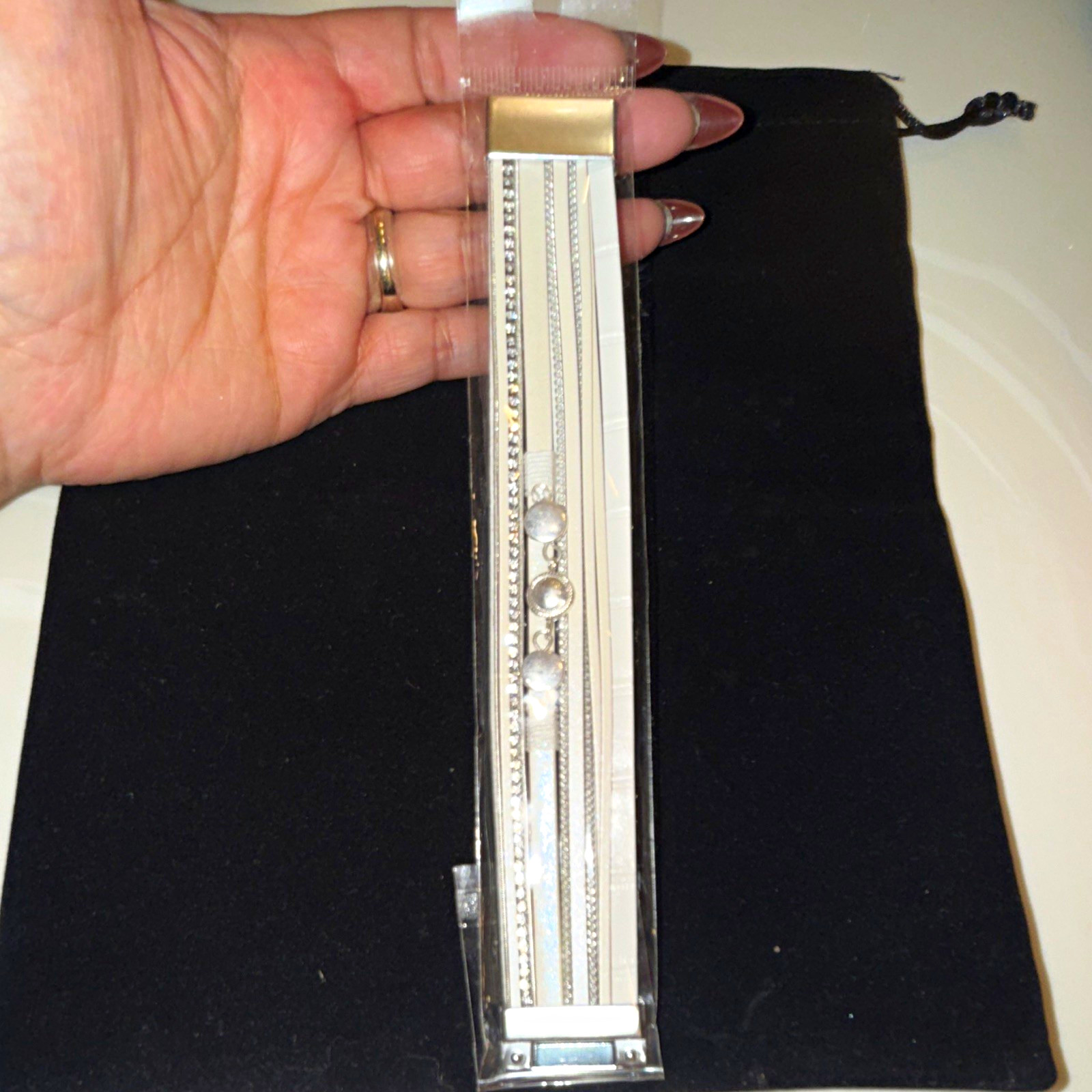 White Faux Leather Multi-Strand Wrap Cuff Bracelet, Clear Crystal, Magnetic