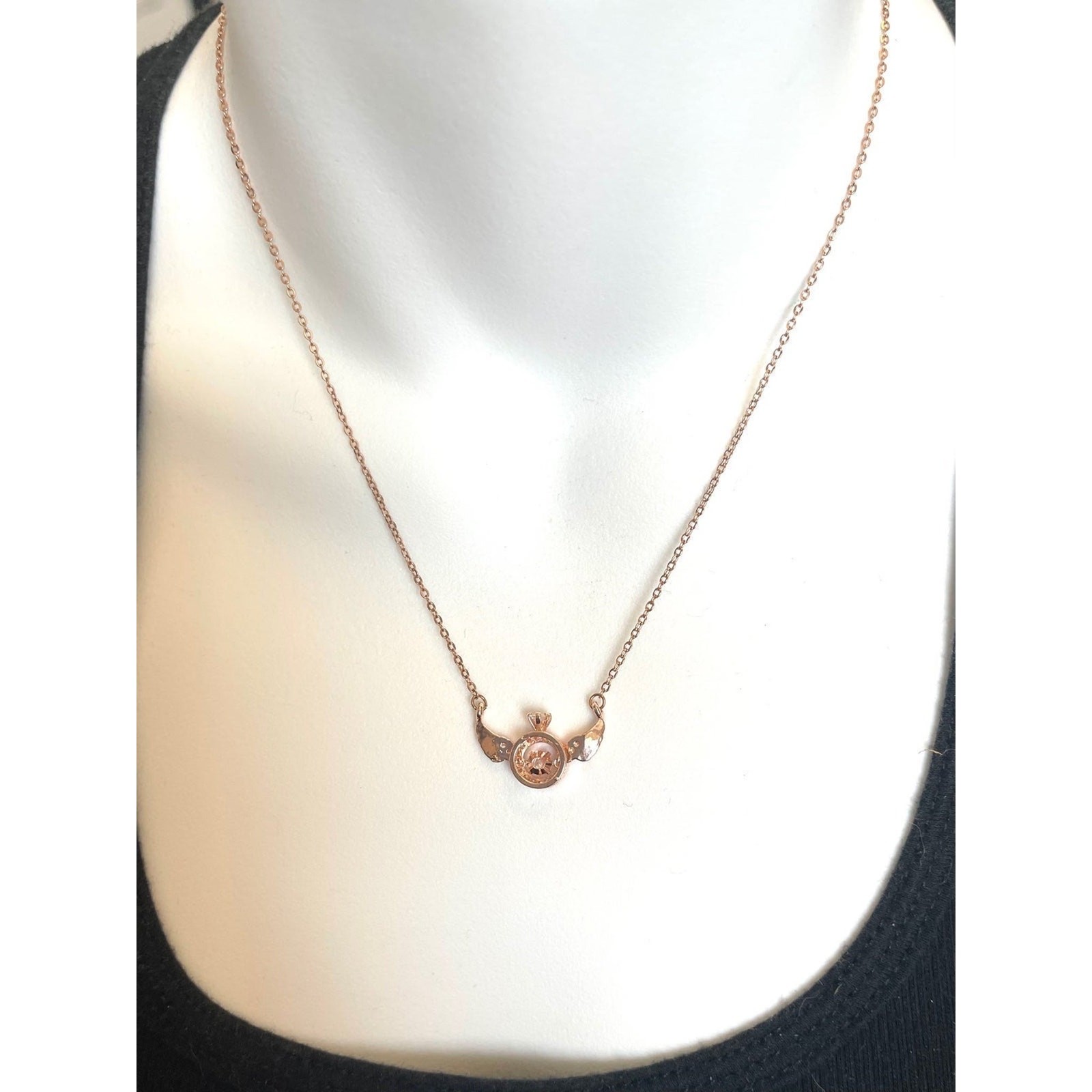 Rose Gold Over Stainless Angel Wing Trimbler Necklace, CZ’s Lobster Claw Clasp