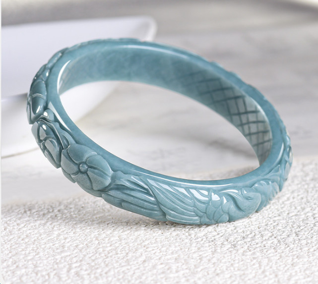 Certified 52-62mm Blue Water Grade A Jade jadeite Carved Phoenix Bangle Bracelet