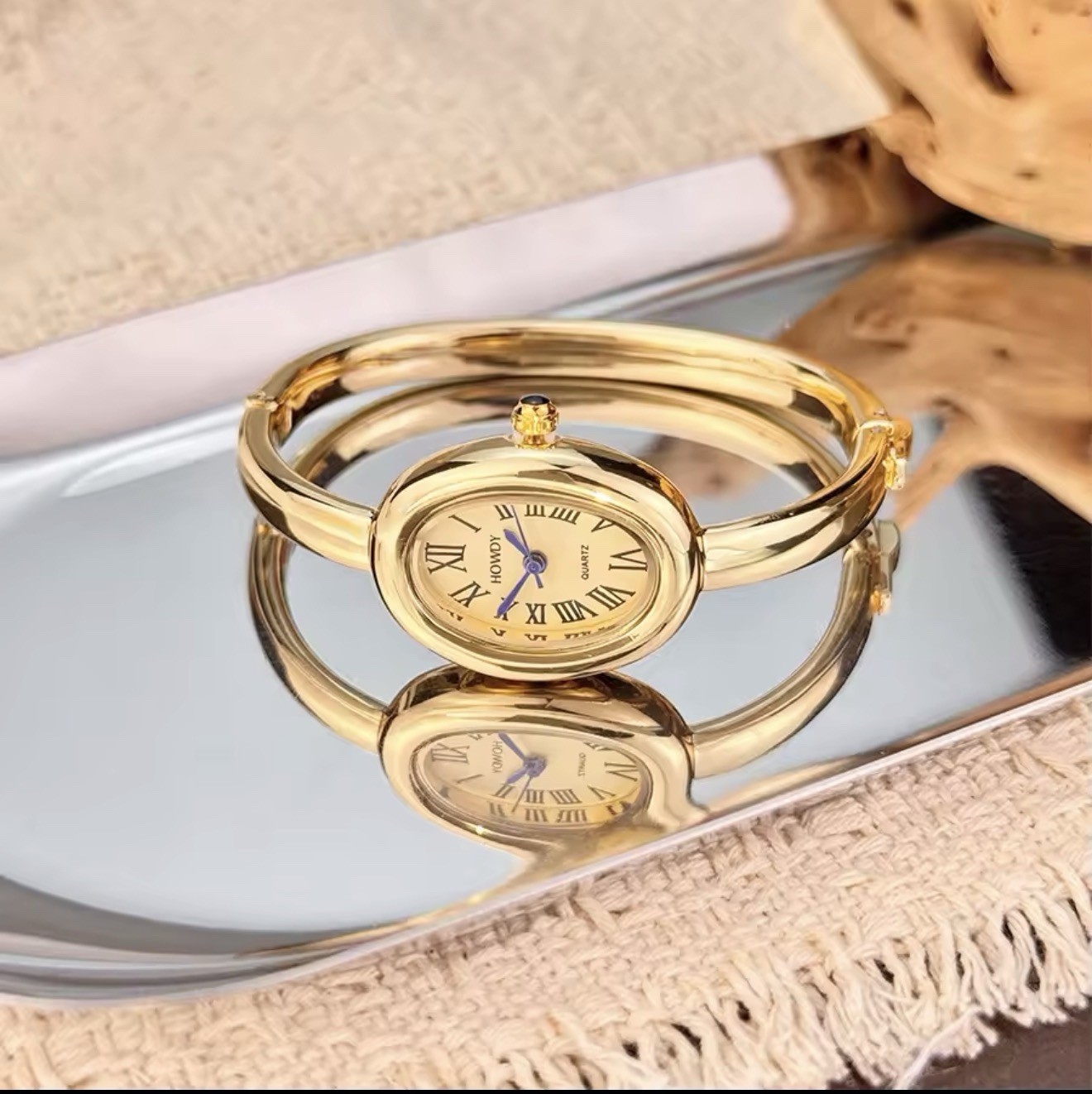 HOWDY Women’s Quartz Analog Oval Bangle Wristwatch Gold Tone Roman Dial