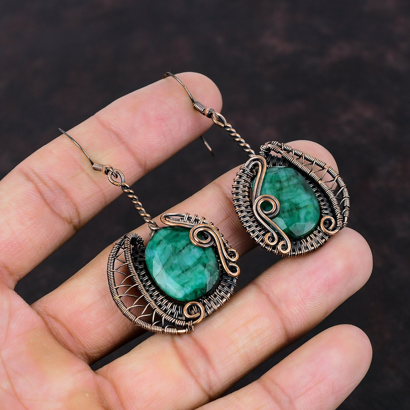 Valentines Deal Copper Zambian Emerald Stone Drop Dangle Wire Wrapped Earrings