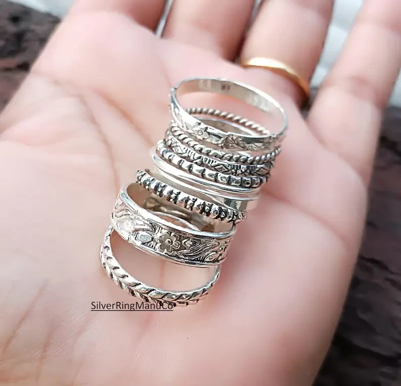 925 Sterling Silver, Stacking Rings, 8 Set Singles In range of finishe All size