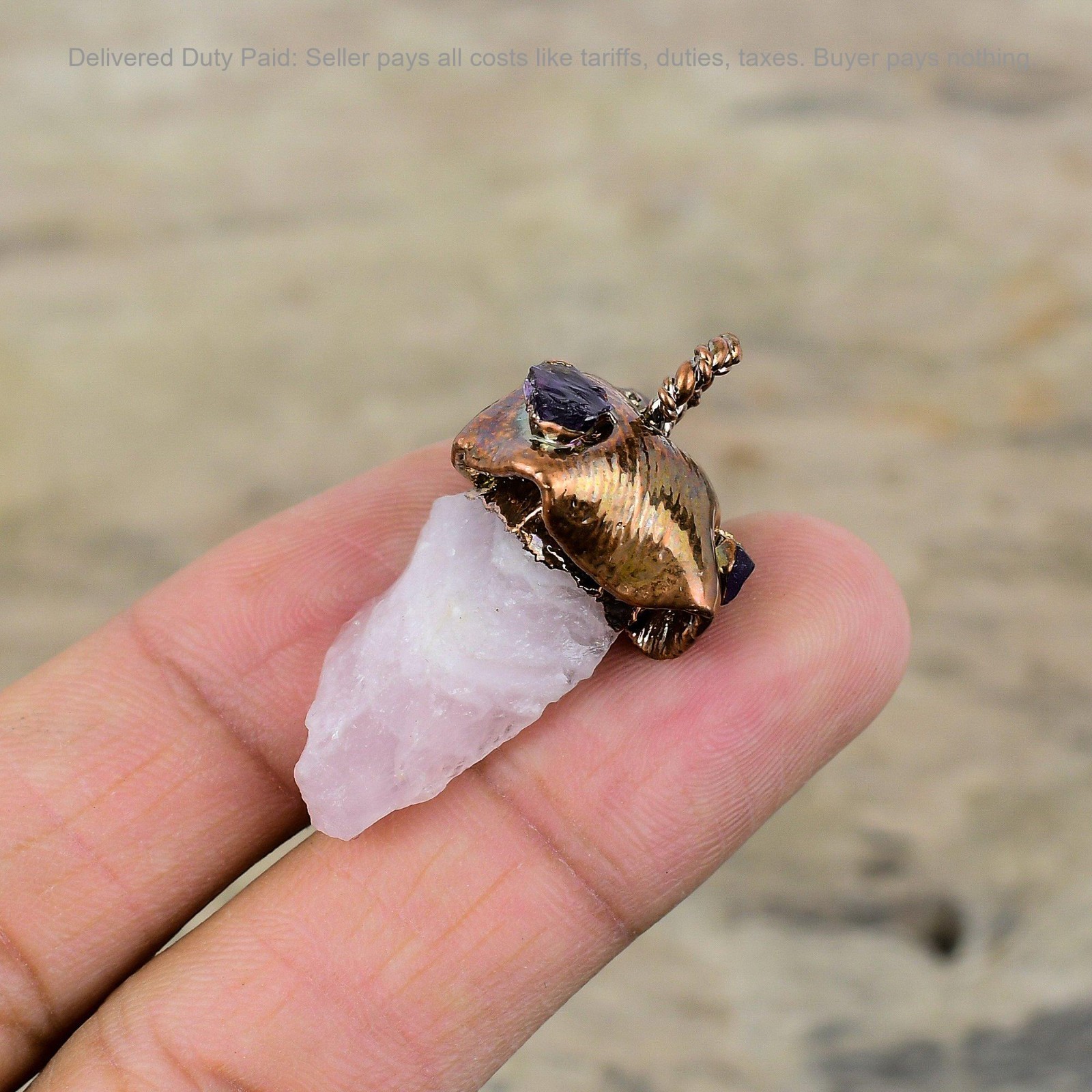 Copper Pentagon Rose Quartz Rough Gemstone Sister Birthday Electroformed Pendant