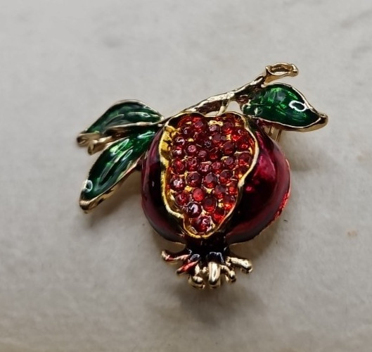 Pomegranate Vegetable Enamel Brooch Pin Rhinestone Green Red Statement