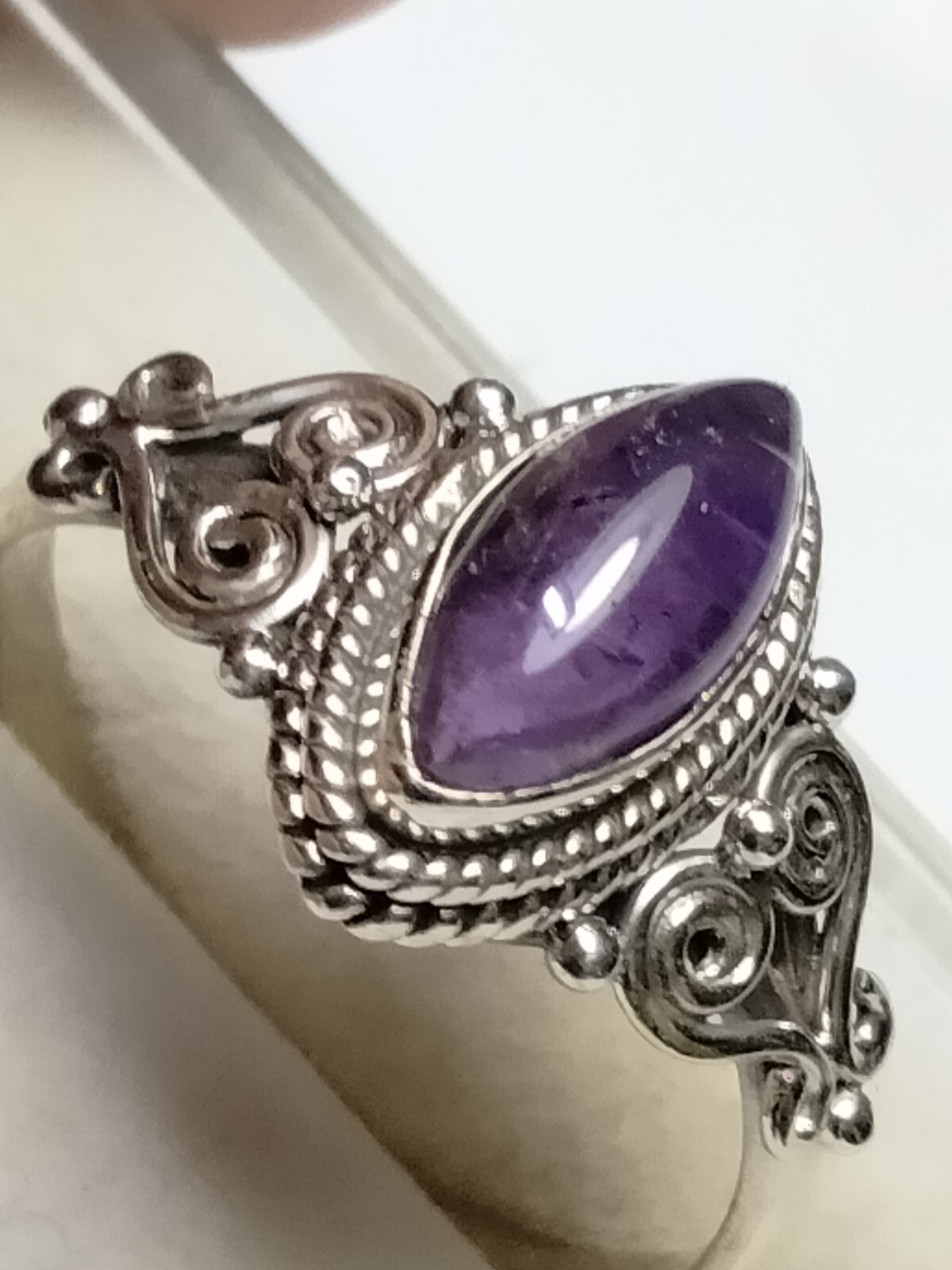 NATURAL AMETHYST IN TRENDY FILIGREE&HALO SET STL. SILVER.925 RING SIZE 9.0-9.25!