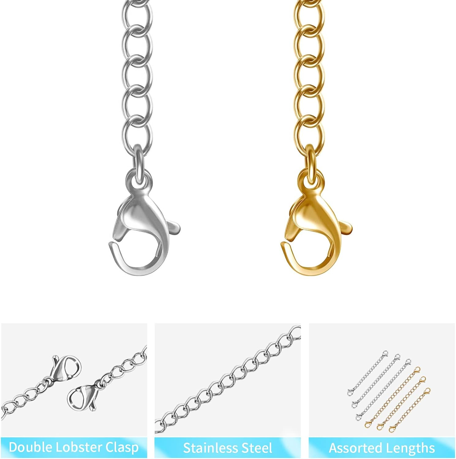 12 PCS Necklace Extenders – Stainless Steel Necklace Extension Chain for Jewelry