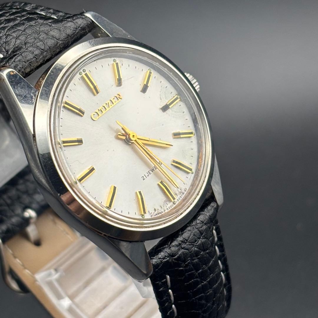 CITIZEN 53-8051 21 Jewels Hand Wind Watch Stainless Black Leather