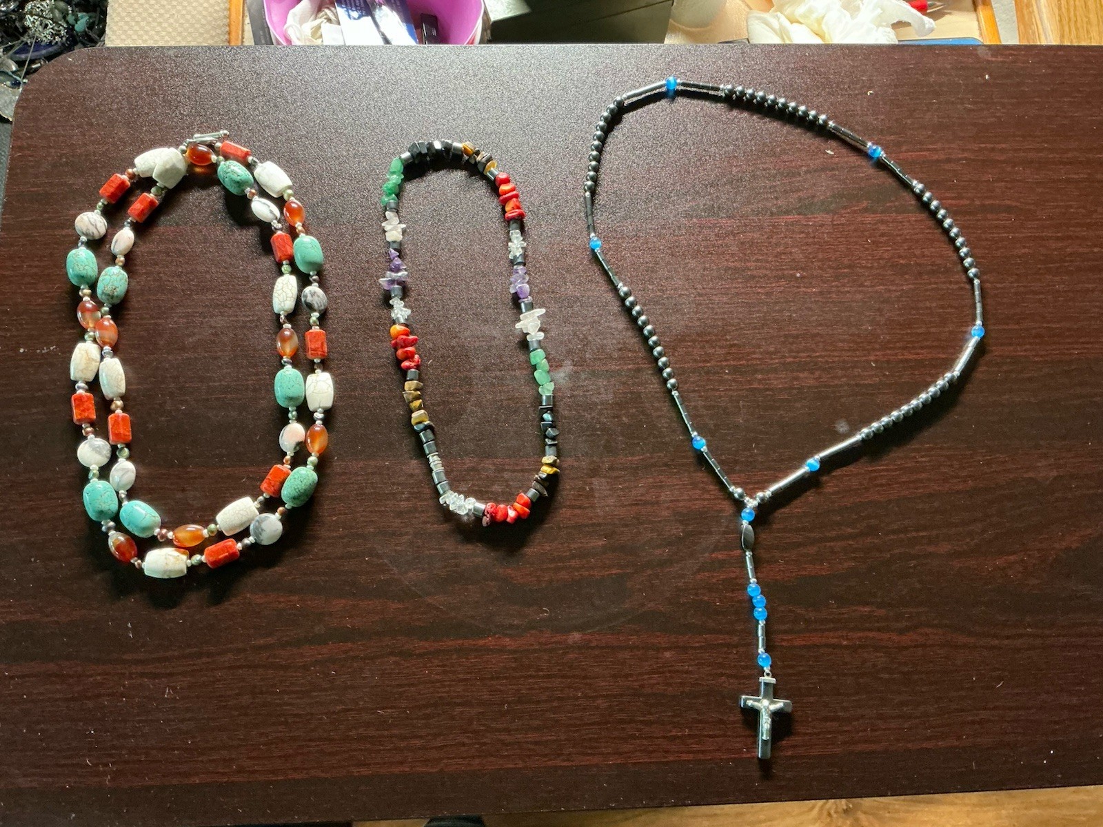 Lot Of 3 Hematite Crucifix, Turquoise Howlite Coral Amethyst Tigereye Necklaces