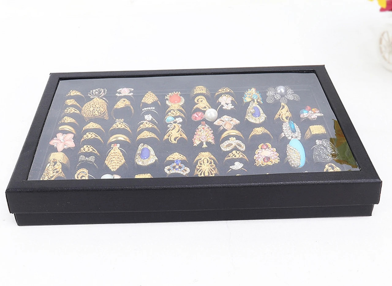 Jewelry Ring Display Organizer 100-Slots Tray Holder Earrings Black Box Case