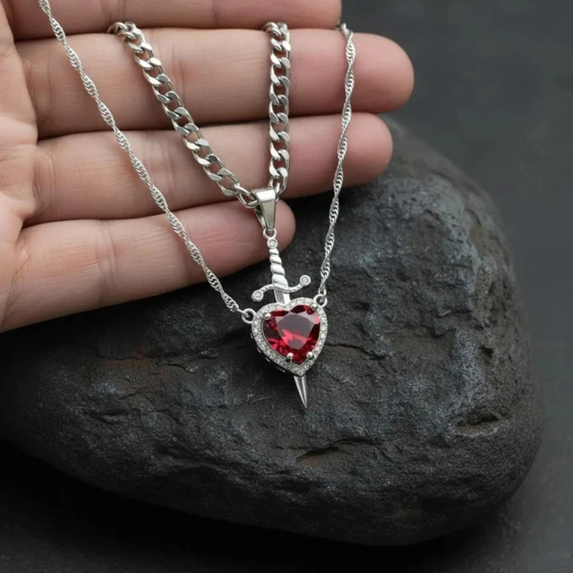 2Ct Heart Lab Created Ruby Valentine Only Dagger Pendant 14K White Gold Plated