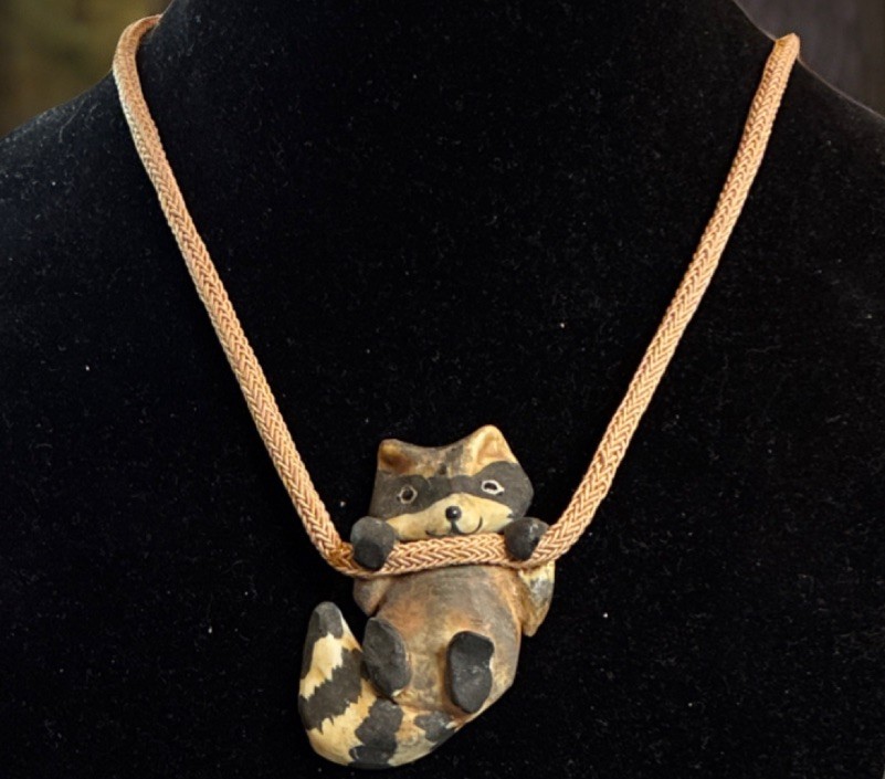 Ceramic Raccoon Pendant Necklace Brown Black Tan Cord Signed