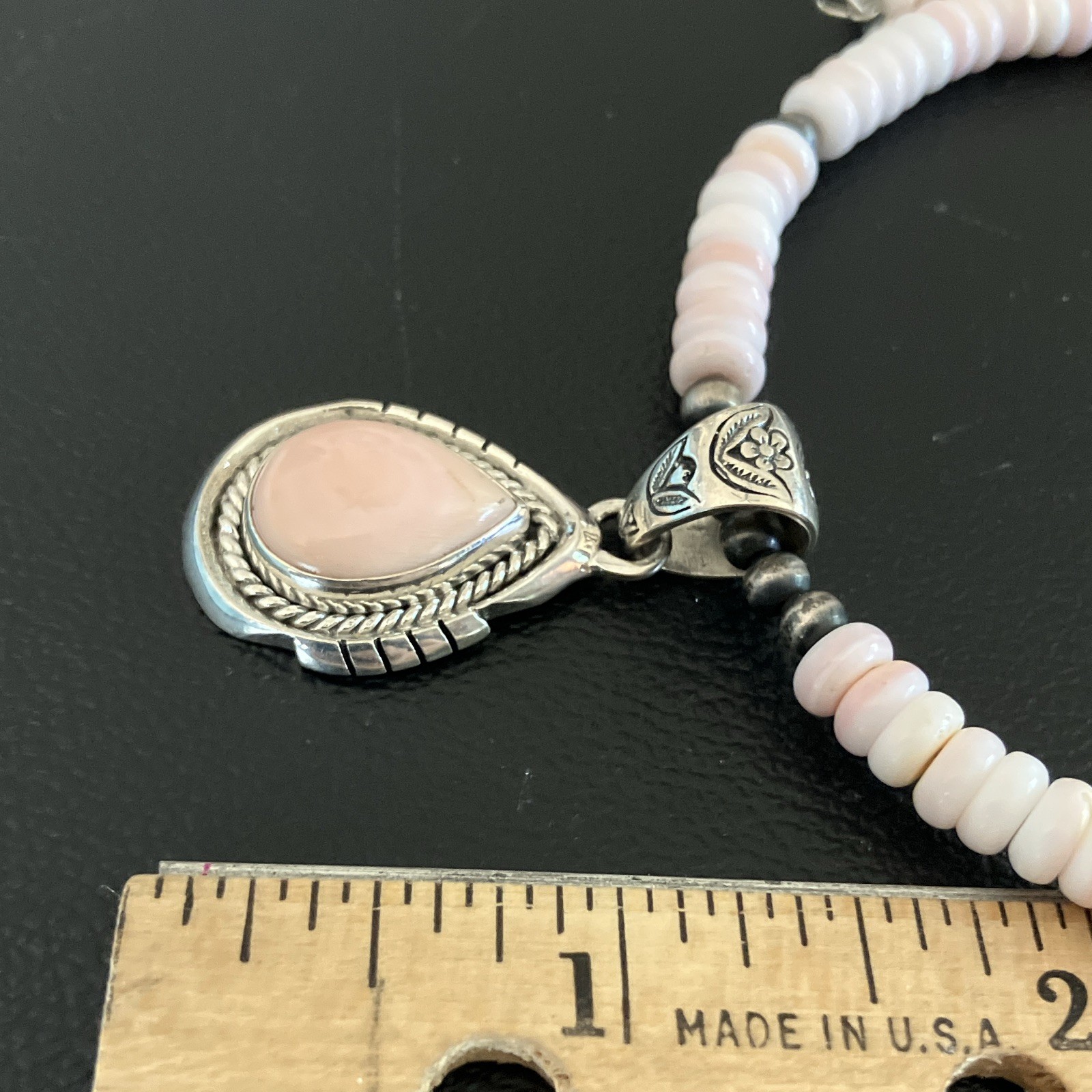 Pink Conch & Sterling Bead Stretch Choker Necklace & Teardrop Pink Conch Pndnt