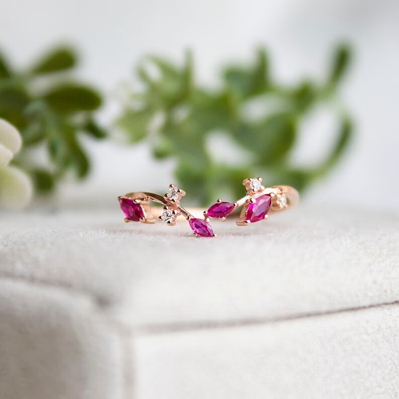 Gorgeous Wedding Band Ring Marquise Cut Simulated Pink Ruby 14K Rose Gold Plated