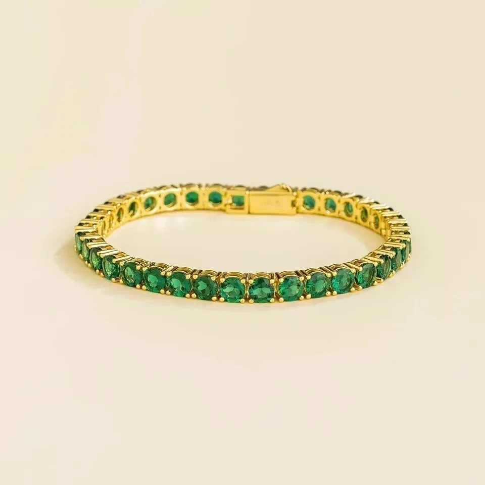14k Yellow Gold Natural Green Emerald Tennis Bracelet For Women Engagement Gift