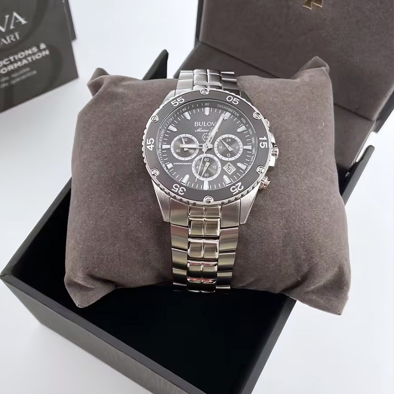 Bulova Men Classic Marine Star 98B401 Black Dial Quartz Chronograph Watch 41.5MM