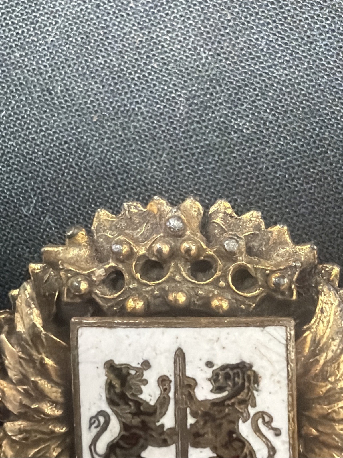Vintage Heraldic Coat of Arms Standing Red Lions Laurels Fleur De Lis Brooch Pin