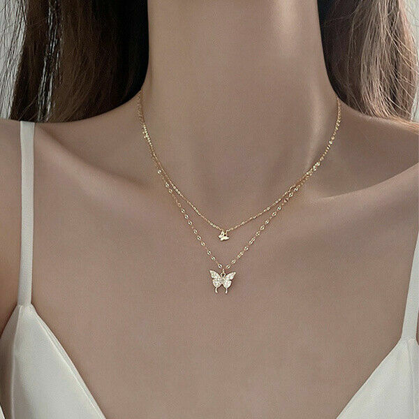 925 Silver Double Layer Butterfly Pendant Clavicle Chain Necklace Womens Jewelry