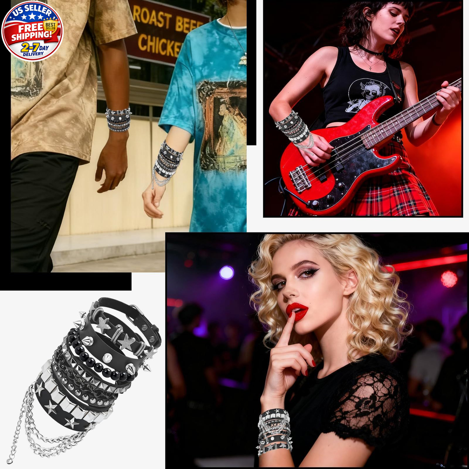 Emo Bracelets Punk Rock Studded Bracelet for Women Men Goth Leather Bracelet US.