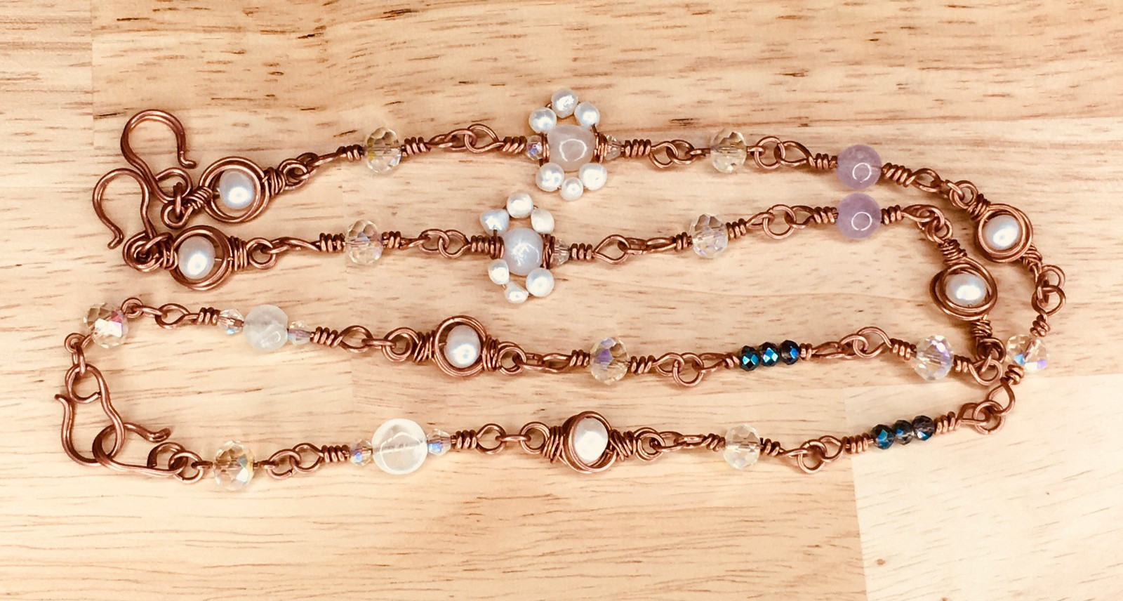 Artisan Long Necklace Pearls Moonstone Amethyst Beads, 4 Hook Wire Wrap Handmade