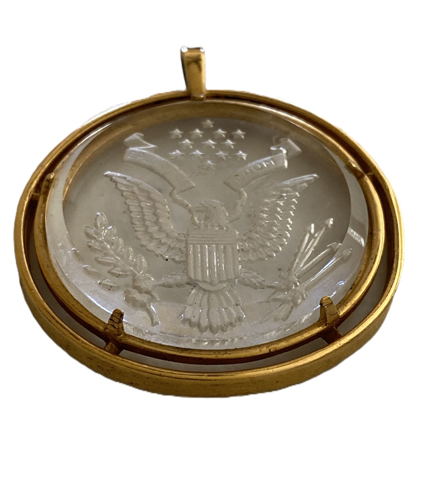Vtg Crown Trifari Great Seal Eagle Clear Reverse Carved Cameo Pendant Gold Tone