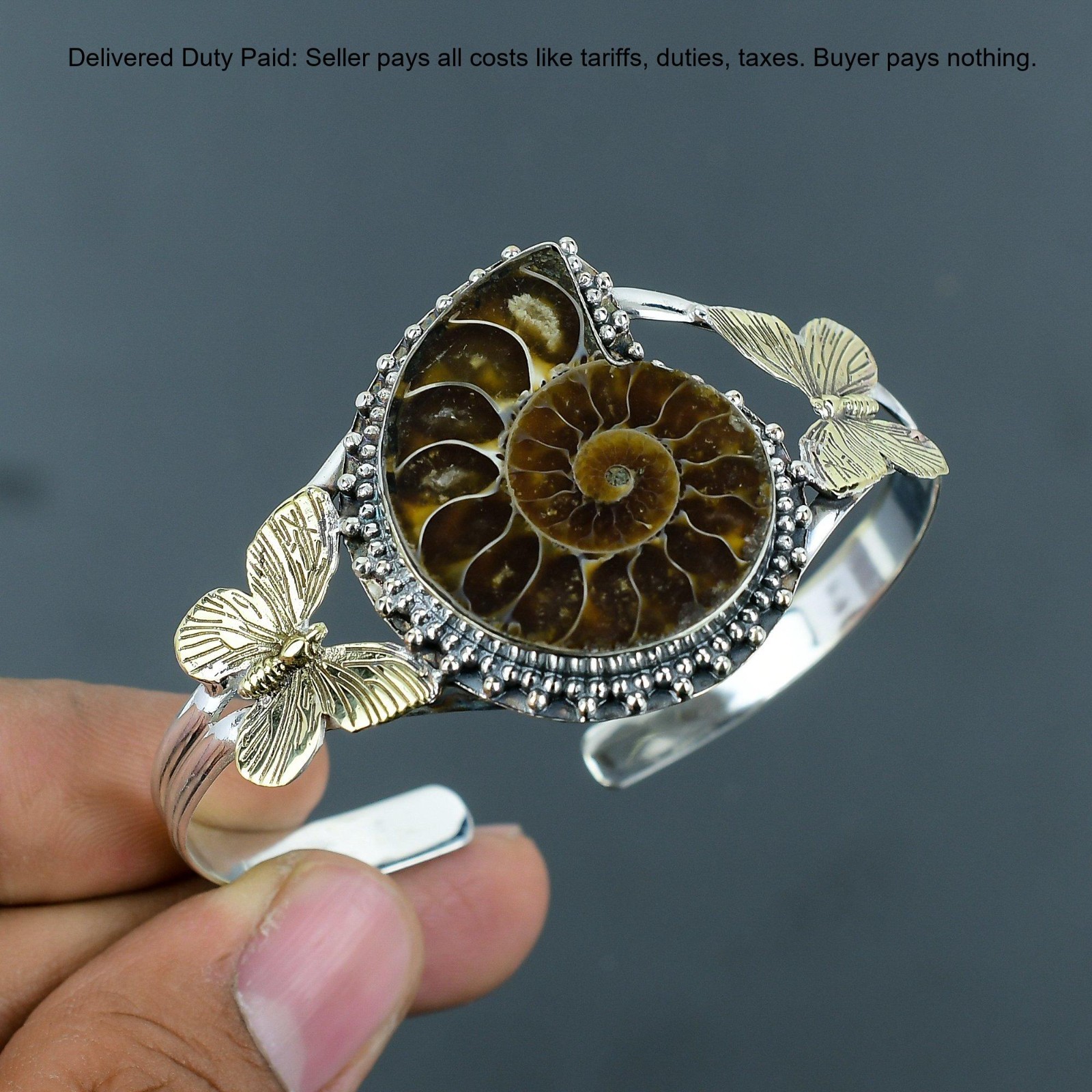 Christmas Deal Ammonite Fossil Gemstone Bezel Bangle Jewelry 925 Sterling Silver
