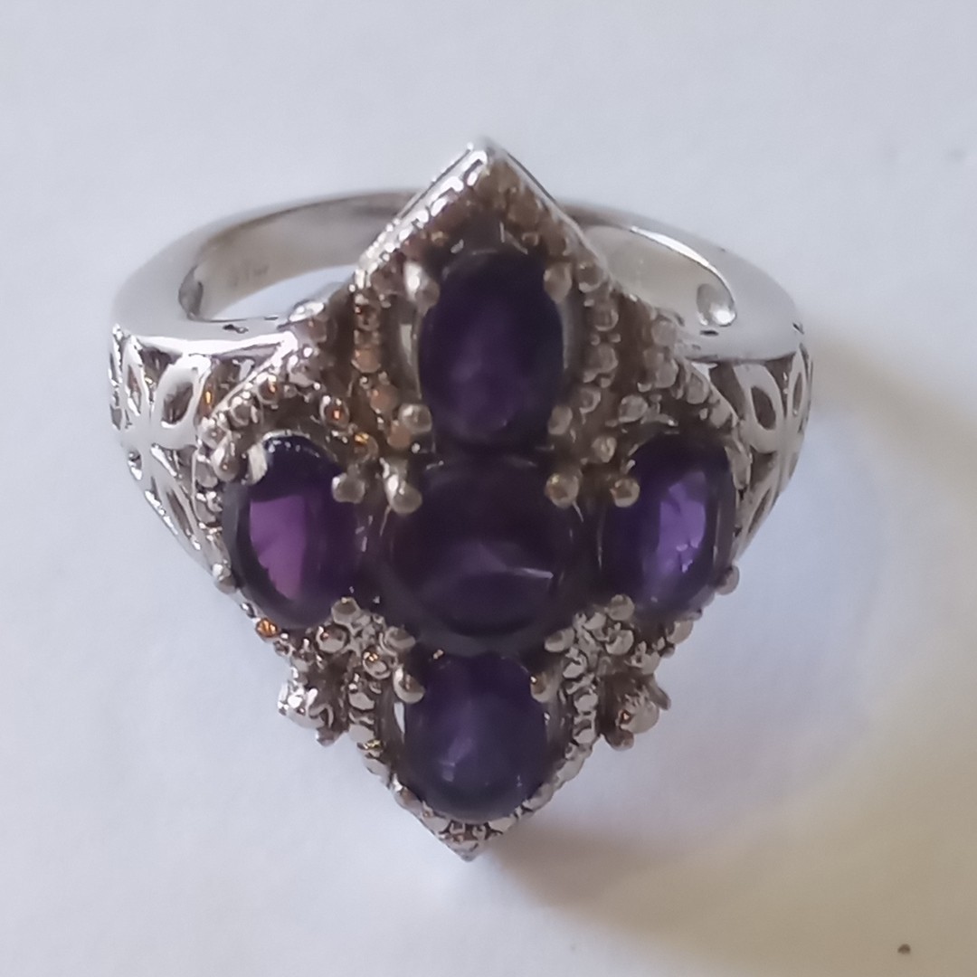 Vintage STS Karis Gothic Cross Amethyst Ring,Silver Tone Cocktail Ring Size 6.5